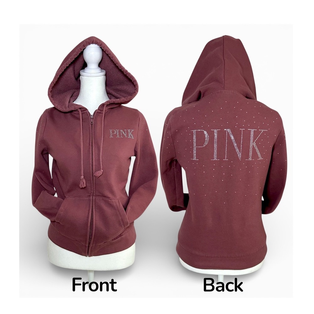 PINK Victoria's Secret Zip‎ Hoodie Women XS Burgundy Rhinestone Logo Sweatshirt